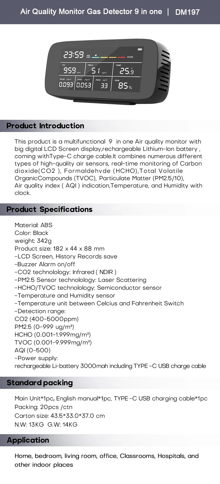 Tragbarer CO2-Luftqualitätsmonitor – 5-in-1, CO2, TVOC, HCHO, PM2.5, PM10, Mit LCD & Alarm (schwarz)