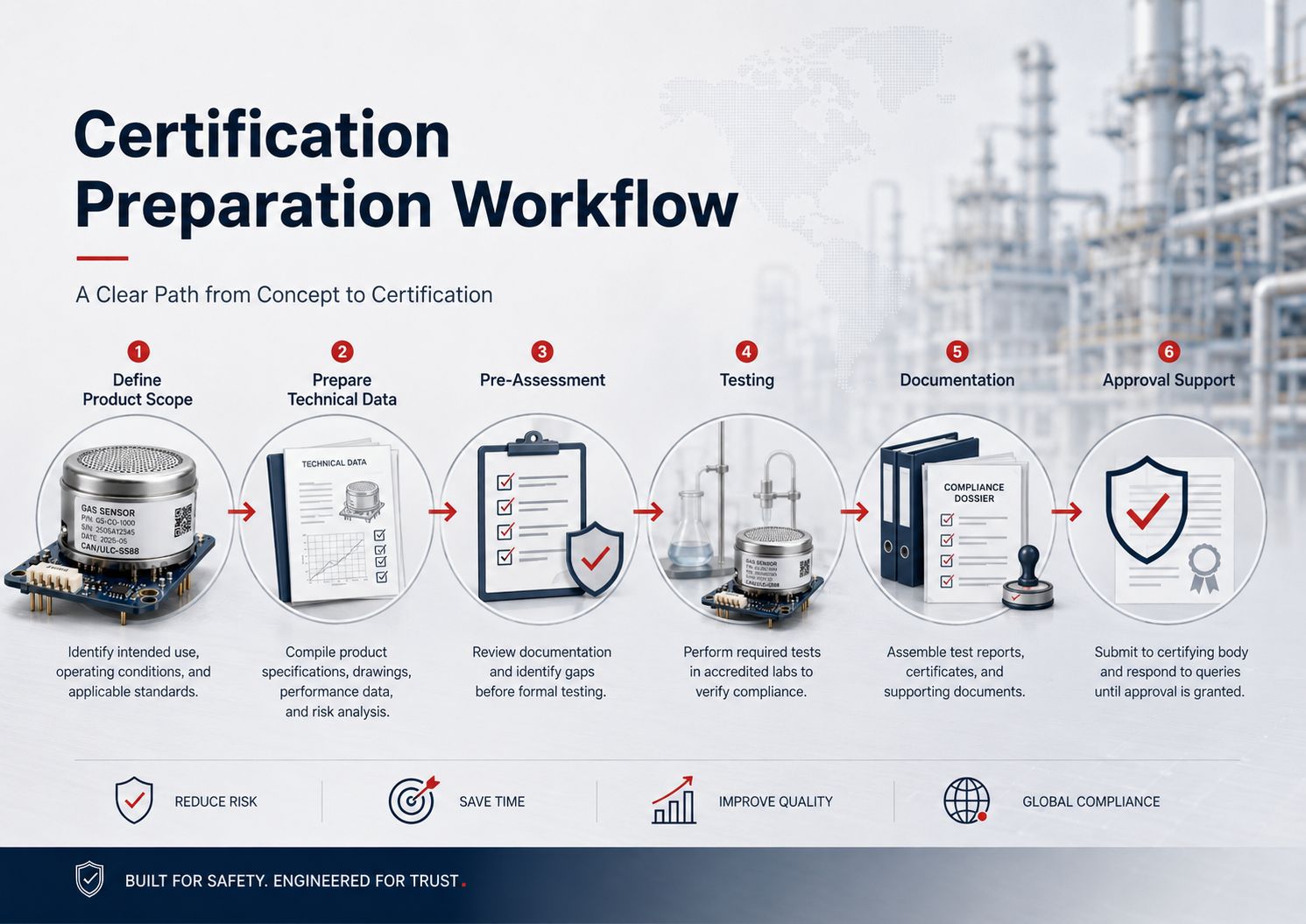 CAN/ULC-S588 Certification Explained: Why It Matters for Gas Sensors and Gas Detection Products 4 Certification Preparation Workflow