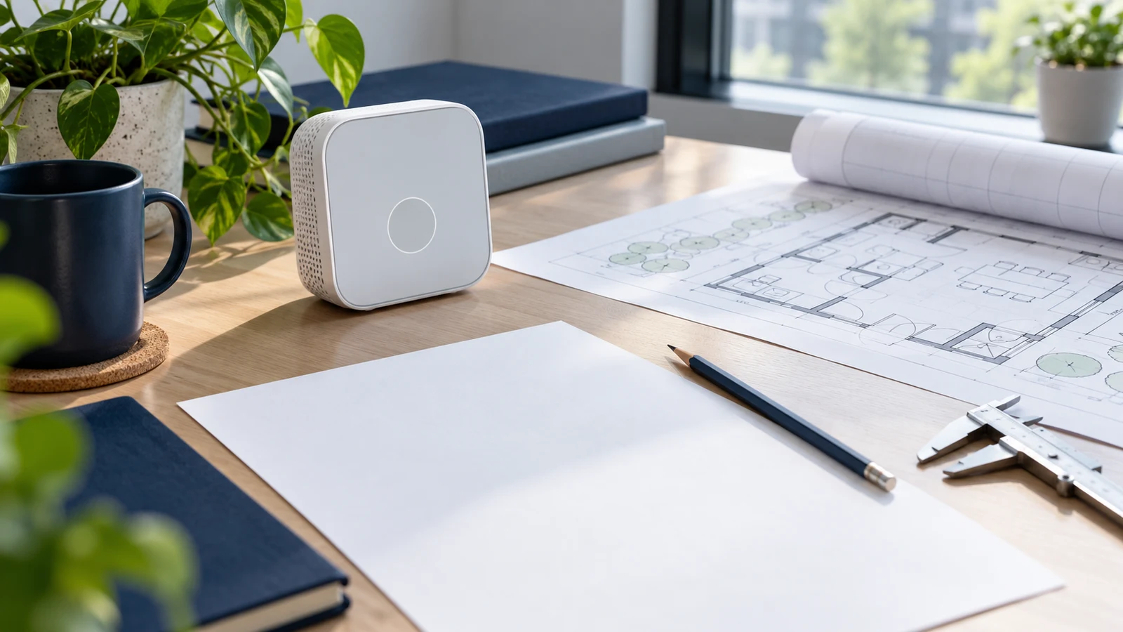 Unbranded CO2 monitor beside a blank requirements worksheet and room plan