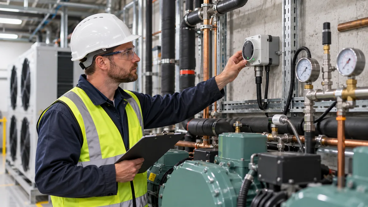 What Should a Refrigeration Monitoring Procurement Worksheet Include? 5 Technician inspecting installed refrigeration sensors and their maintenance access