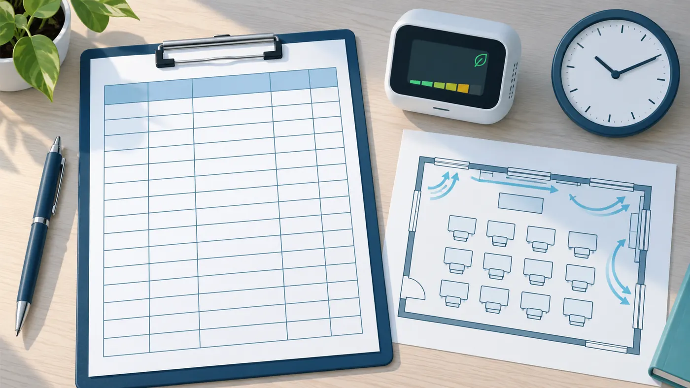 Conceptual blank room-and-device register with placement sketch