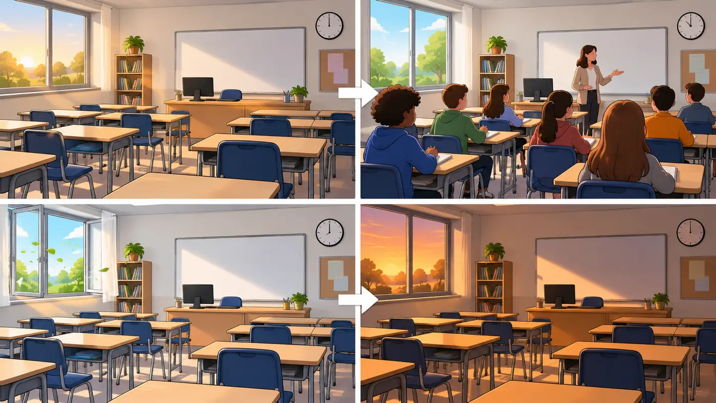 Conceptual school-day sequence from empty room to lessons and break, without numerical claims
