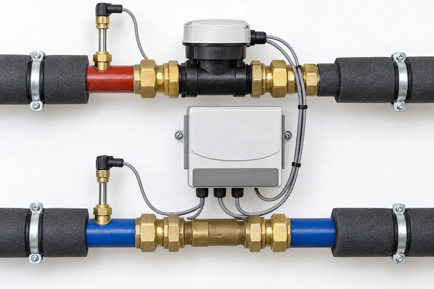 Di quali sensori ha bisogno una pompa di calore per un monitoraggio utile? 2a abbinate Conceptual hydronic flow sensor and matched temperature probes