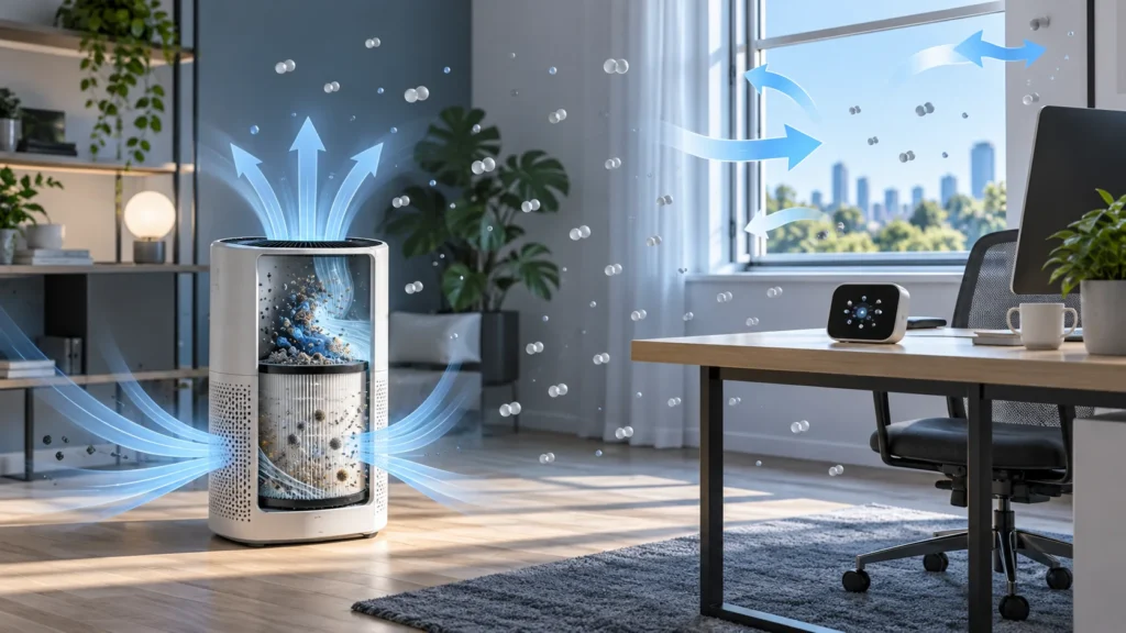 Portable air purifier recirculating room air beside a separate CO2 monitor and window