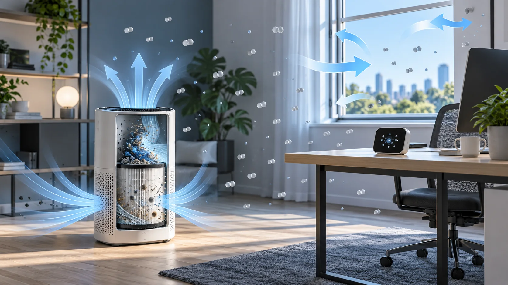 Portable air purifier recirculating room air beside a separate CO2 monitor and window