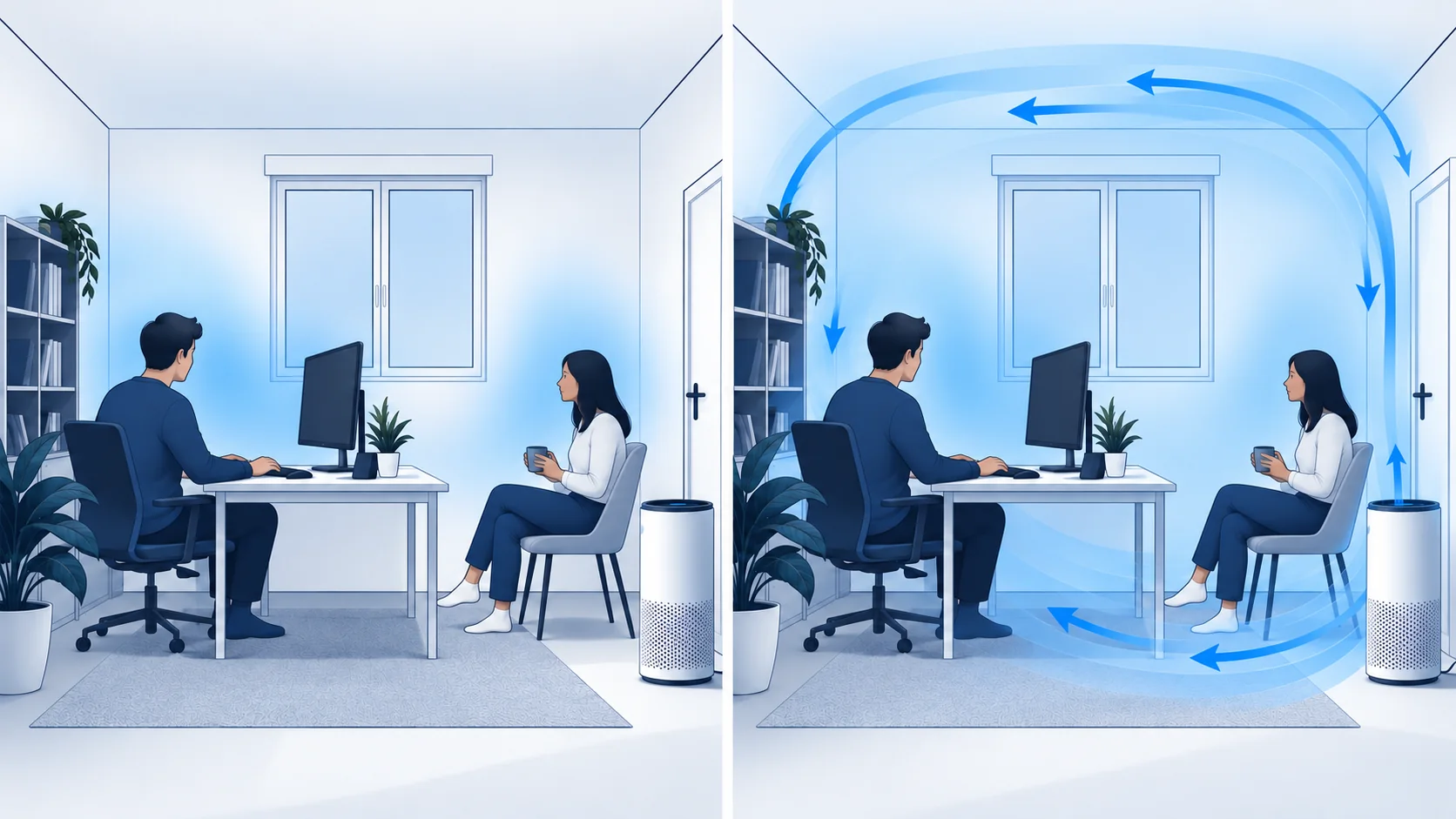 Do Air Purifiers Lower CO2? Separate Filtration from Outdoor-Air Exchange 4 Conceptual comparison of a room before and after a recirculating fan changes local mixing, with no measured values