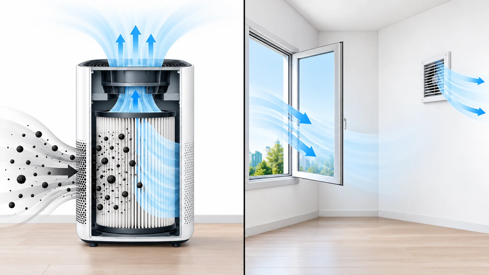 Do Air Purifiers Lower CO2? Separate Filtration from Outdoor-Air Exchange 2 Conceptual comparison of a particle filter retaining specks and a separate outdoor-air exchange path