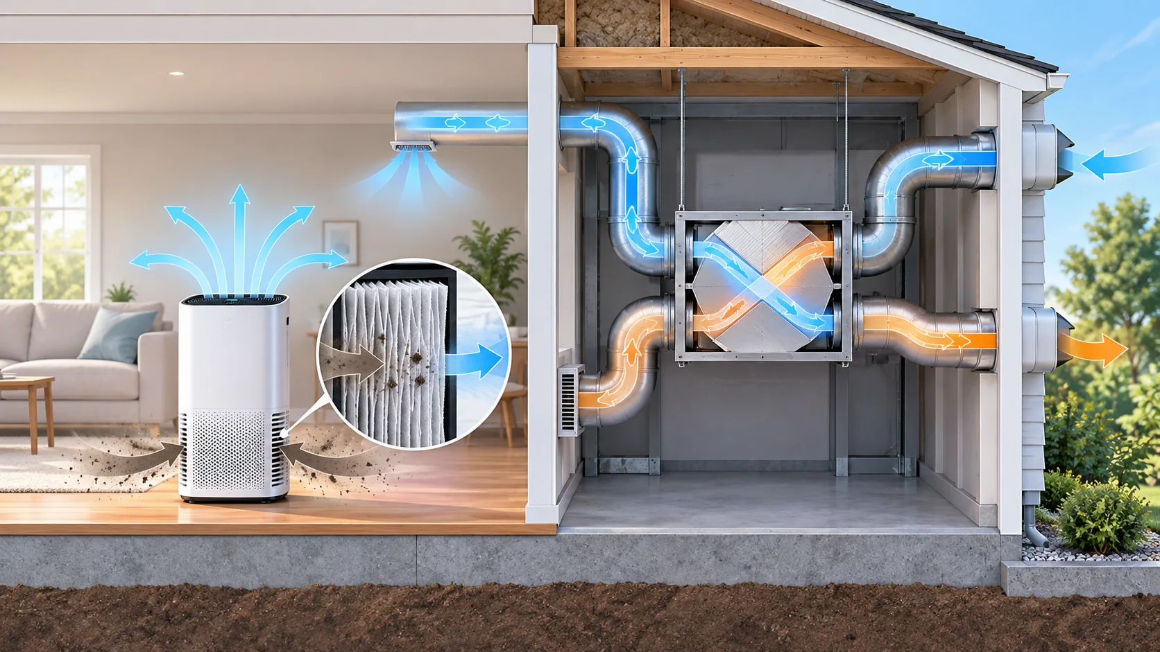 Do Air Purifiers Lower CO2? Separate Filtration from Outdoor-Air Exchange 3 Conceptual cutaway contrasting a portable recirculating filter with a separate home outdoor-air supply and exhaust system
