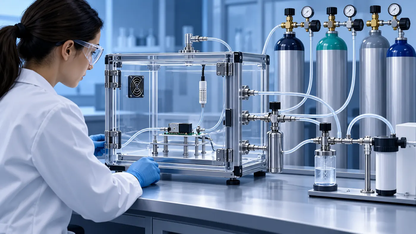 VOC Sensor Cross-Sensitivity: Why MOS, PID and IR Readings Differ 5 Conceptual validation bench with separate test-gas and humidity paths
