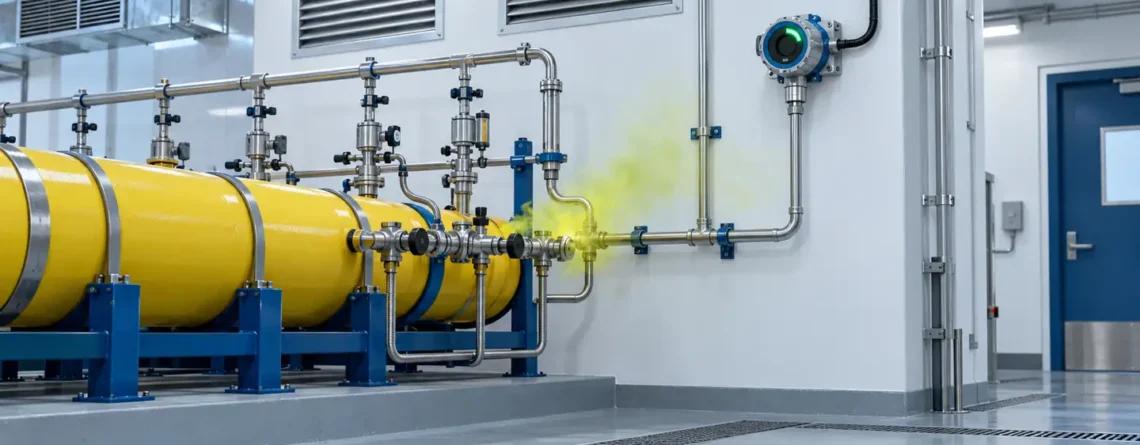 Conceptual chlorine storage room with fixed wall gas detector