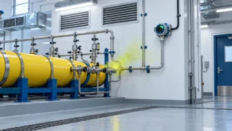 Conceptual chlorine storage room with fixed wall gas detector