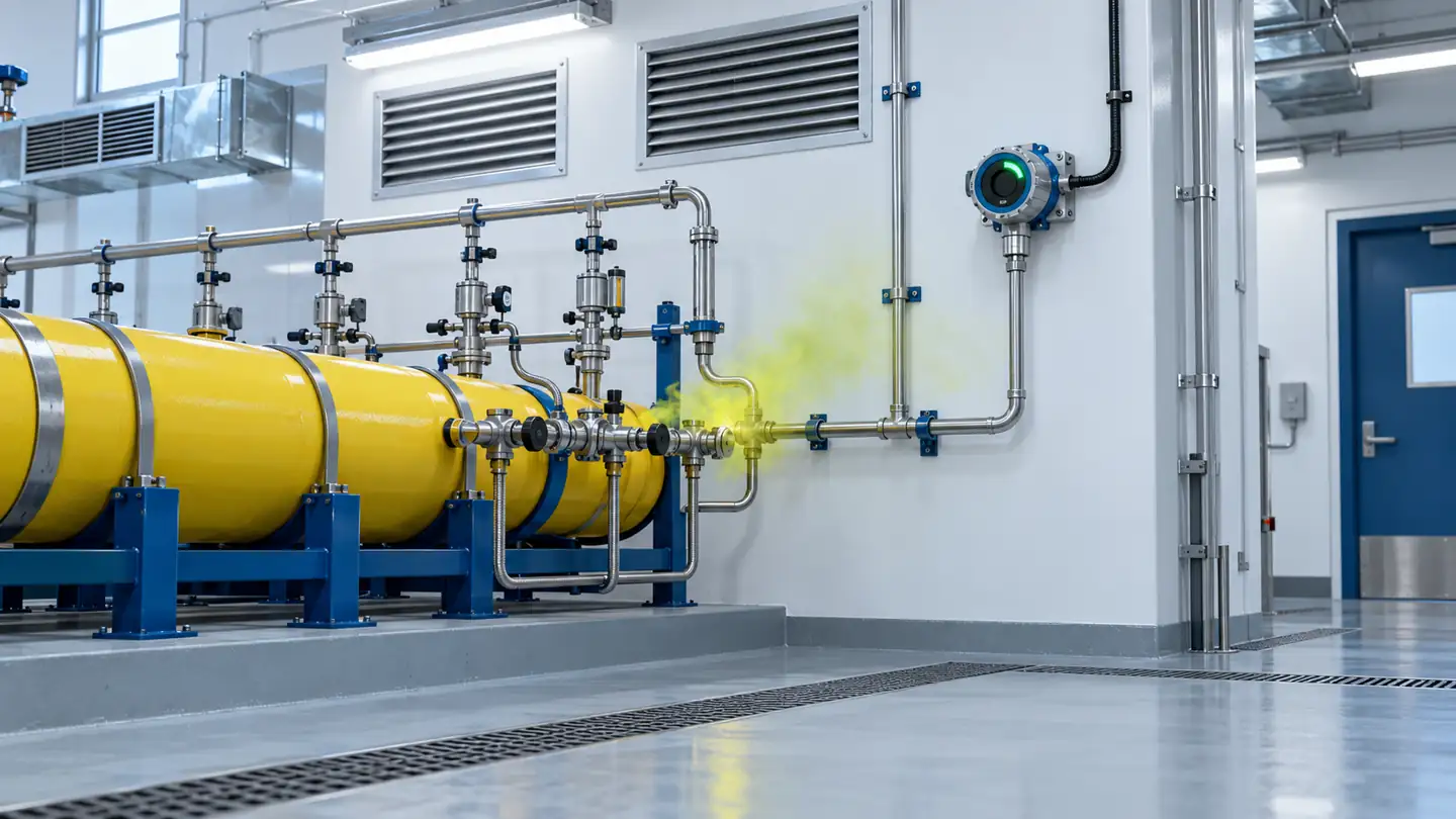 Conceptual chlorine storage room with fixed wall gas detector