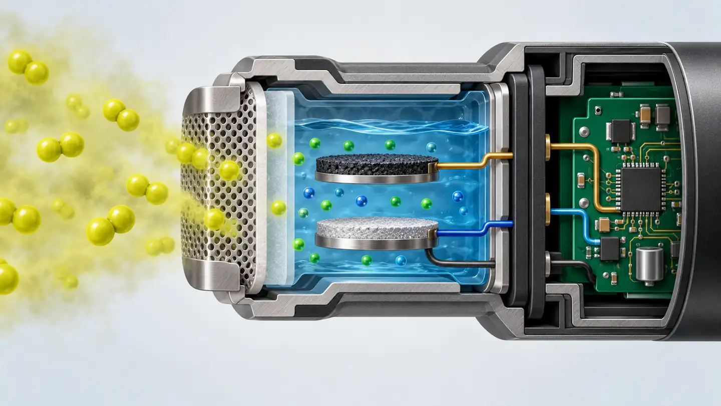 Chlorine Gas Detectors: How to Choose, Place and Verify a System 3 Conceptual electrochemical chlorine sensing cell with gas diffusion and signal electronics