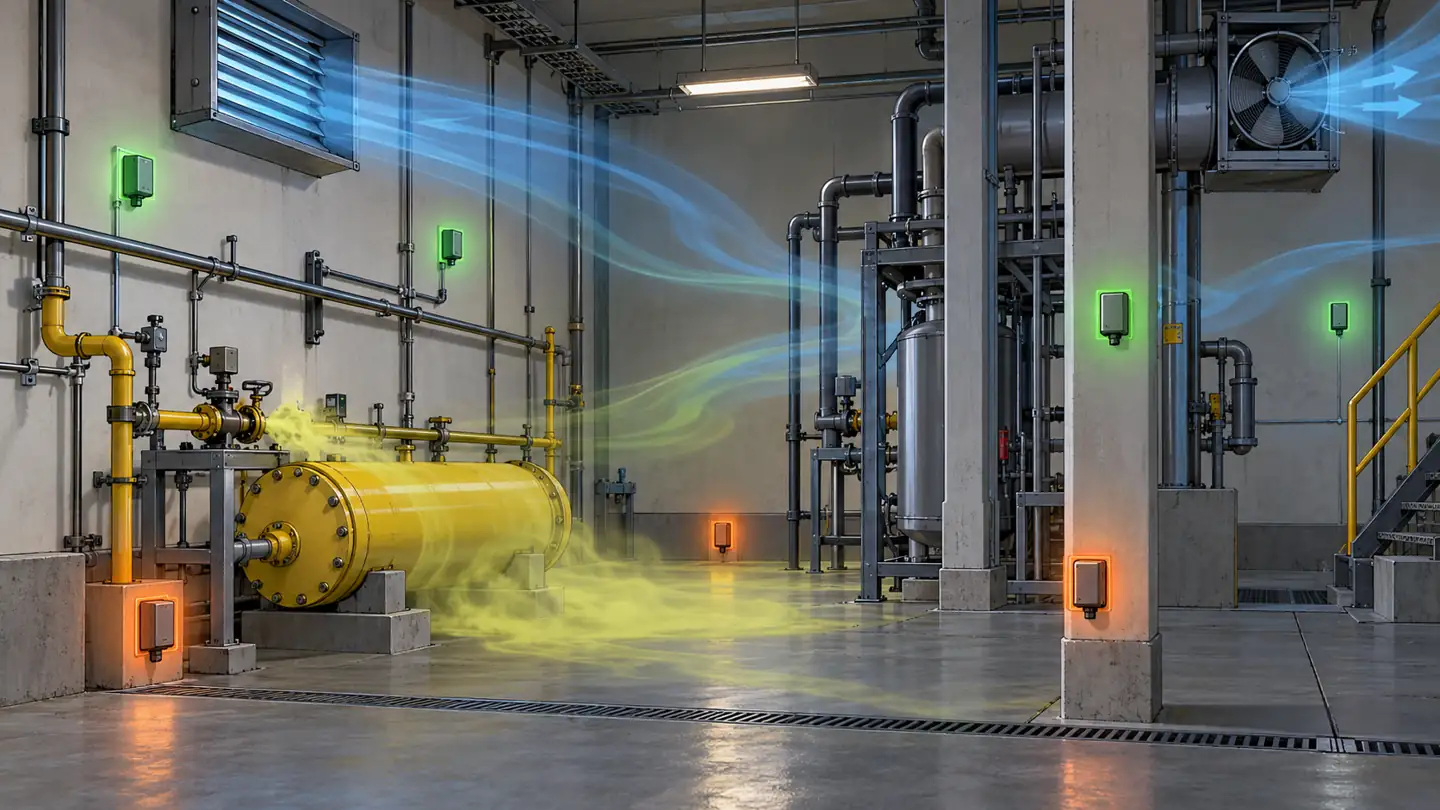 Chlorine Gas Detectors: How to Choose, Place and Verify a System 4 Conceptual chlorine room showing release points, airflow, obstacles and possible detector locations