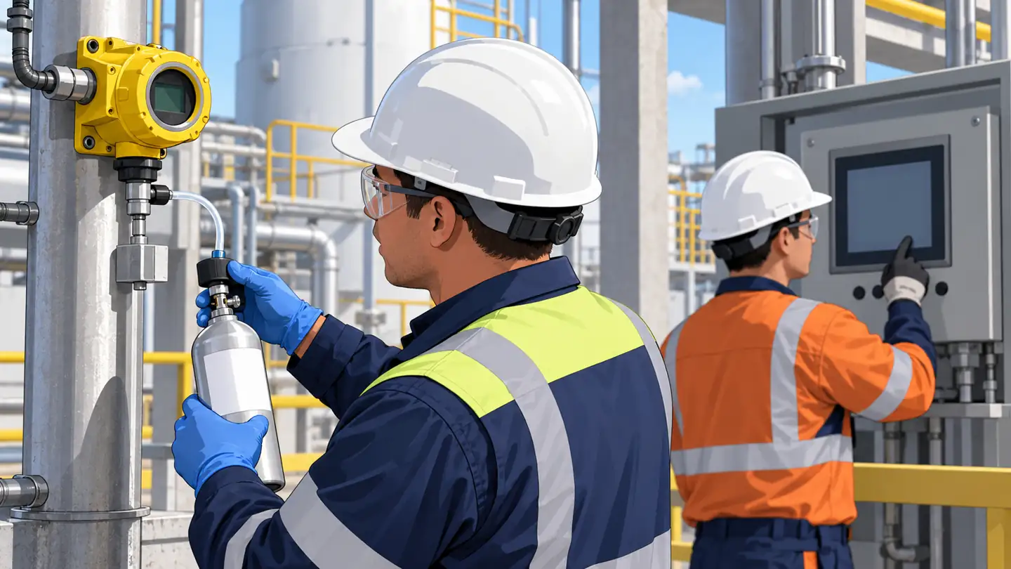 Chlorine Gas Detectors: How to Choose, Place and Verify a System 5 Conceptual technician checking a fixed chlorine detector and its warning chain