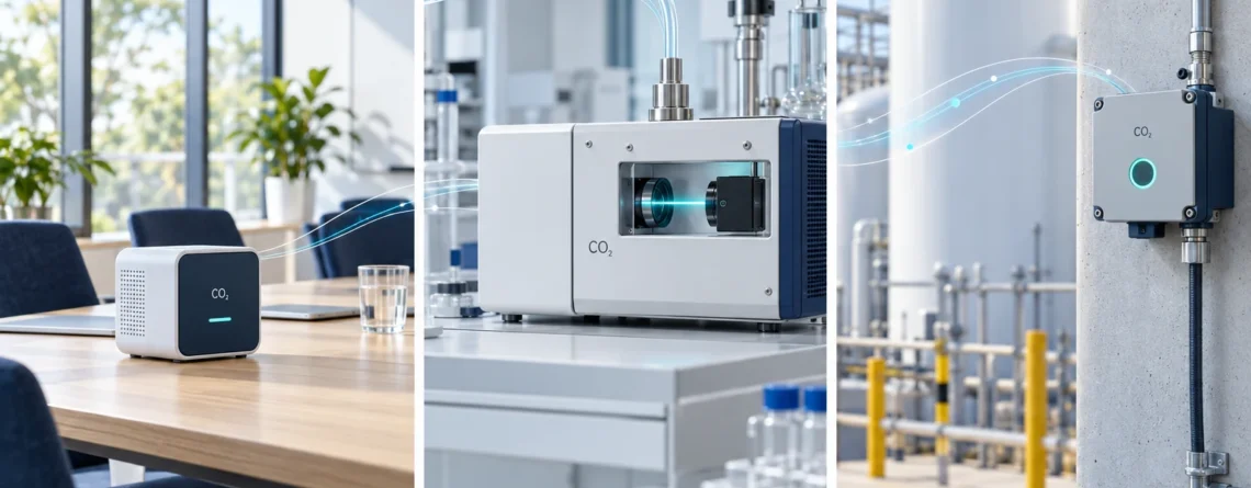 CO2 measurement illustrated across room monitoring, process sampling and fixed detection