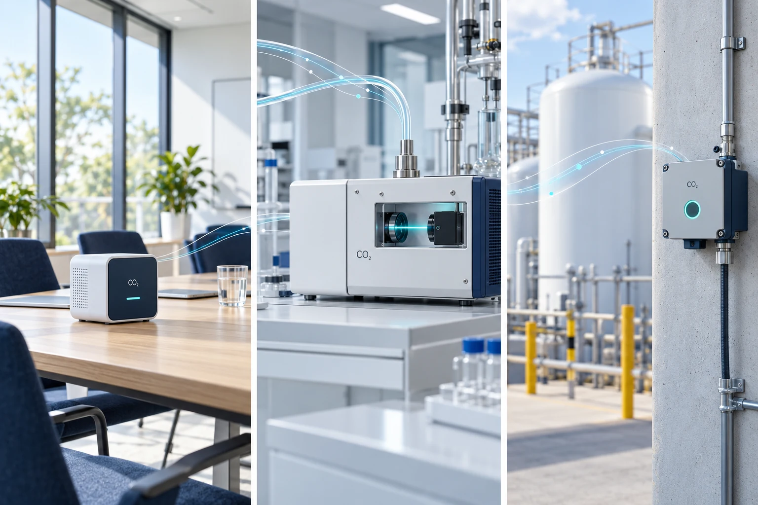 CO2 measurement illustrated across room monitoring, process sampling and fixed detection
