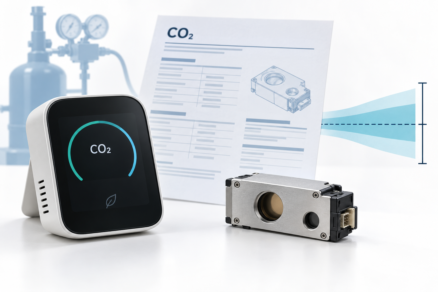Unbranded CO2 monitor and optical sensor module beside a technical specification sheet