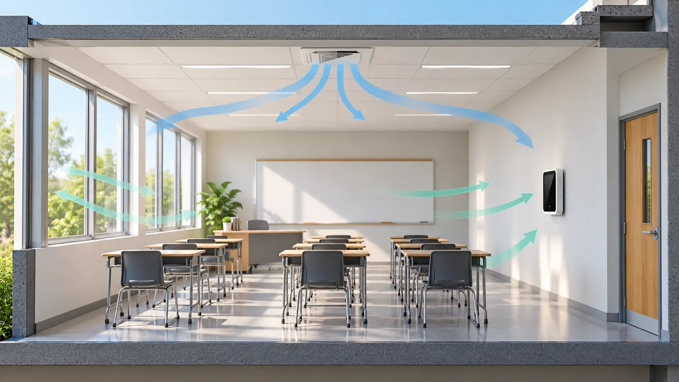 Conceptual classroom air paths around windows, doors, supply outlets and seated occupants
