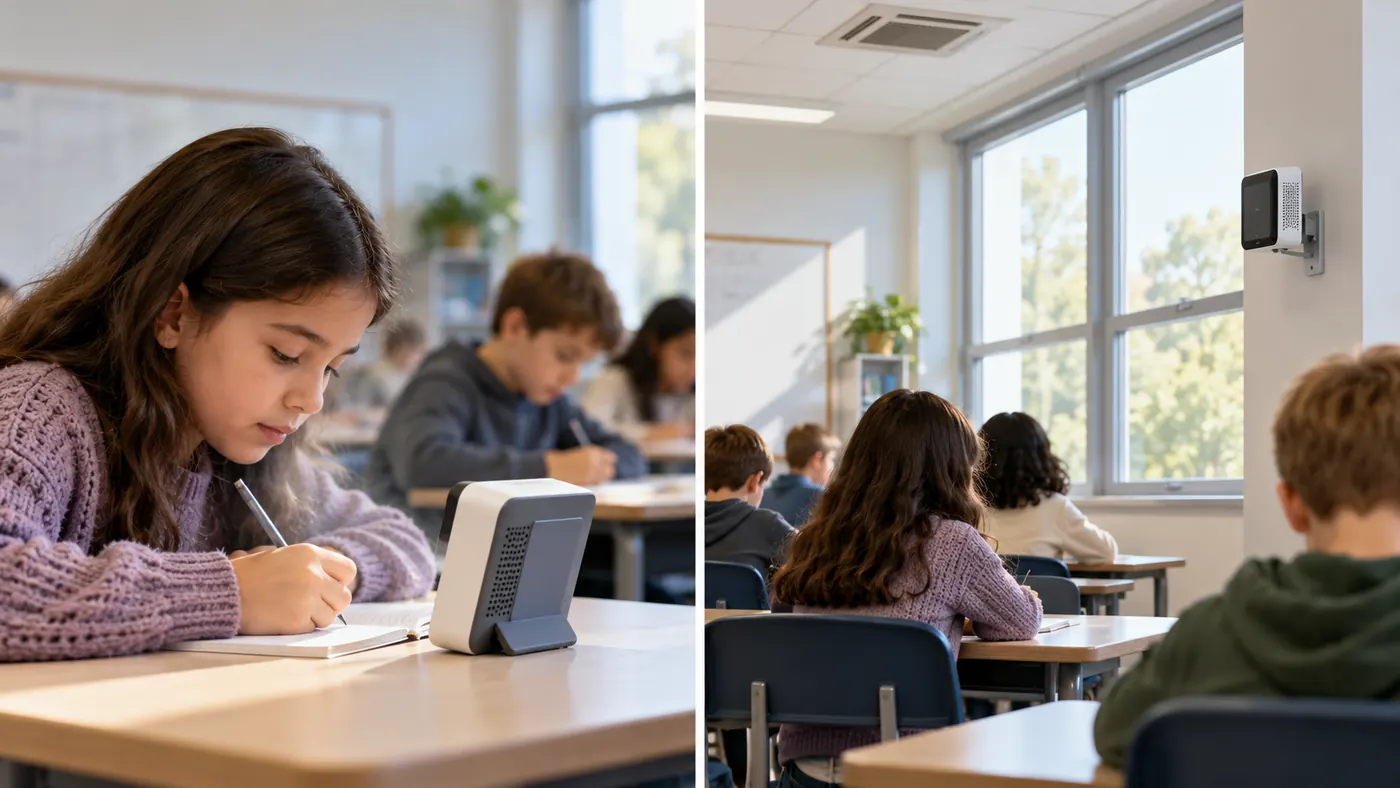 Conceptual comparison of a representative classroom monitor position with a direct exhaled-breath plume