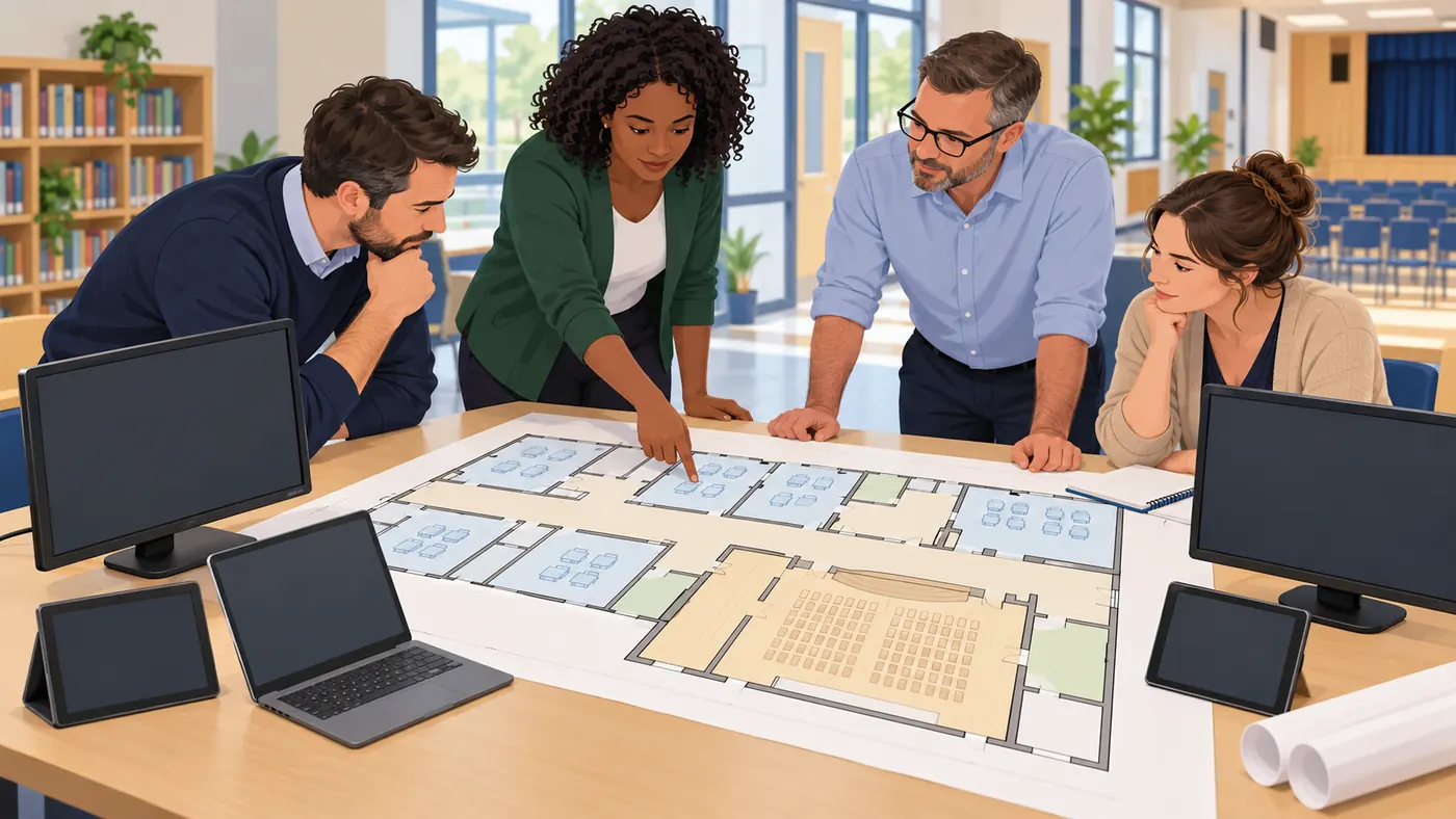 Conceptual school plan showing classrooms selected for different monitoring purposes
