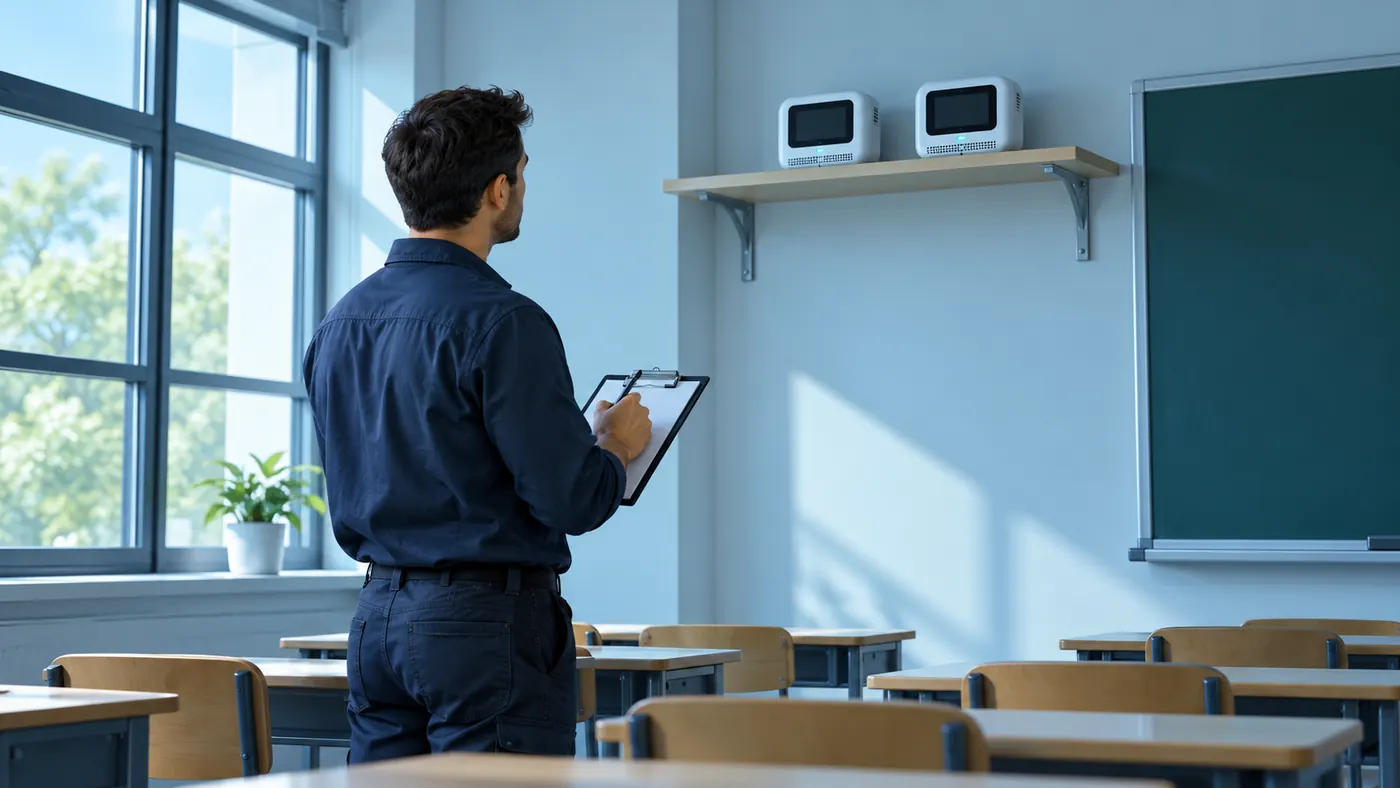 Conceptual side-by-side comparison of two CO2 monitors in the same classroom air