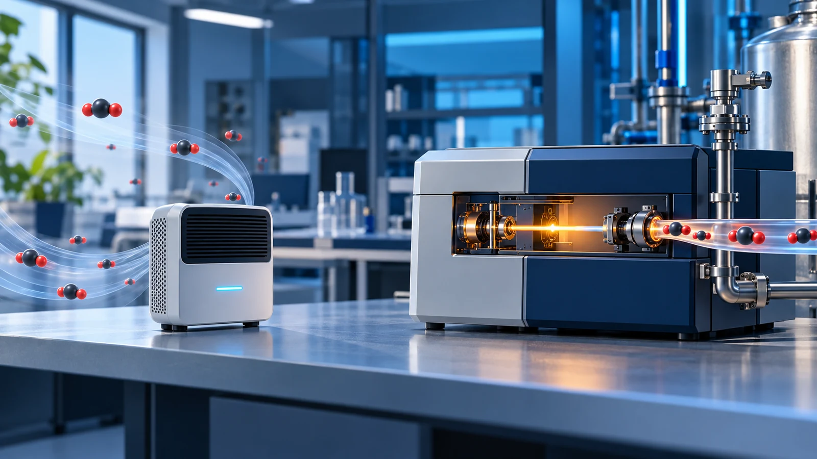 Room CO2 monitor and tube-fed gas analyzer illustrate different sampling tasks