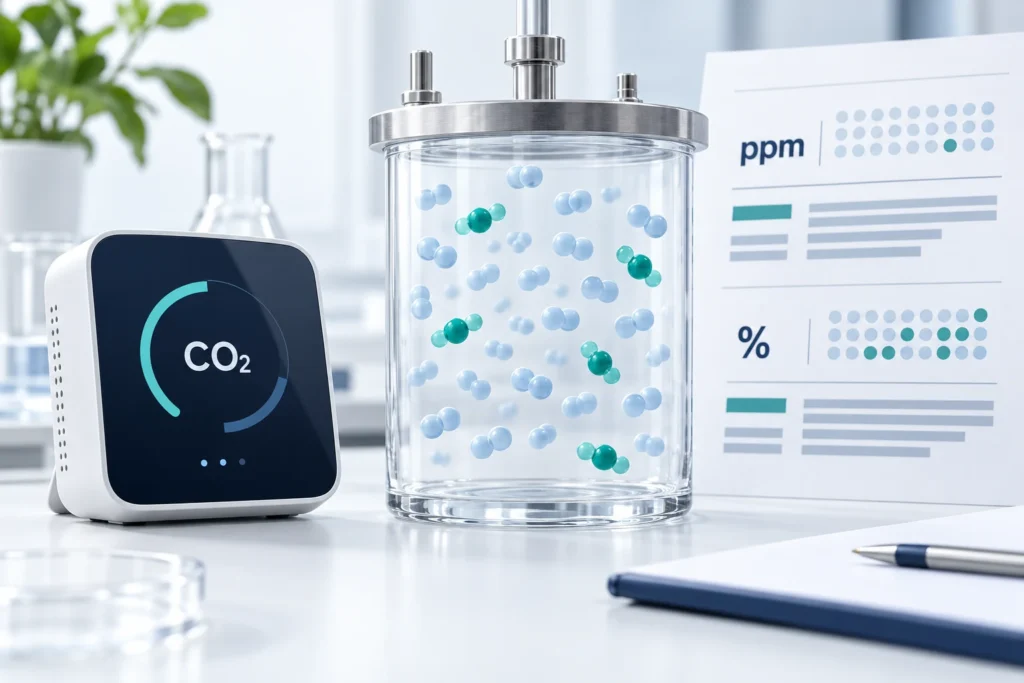 A CO2 monitor and gas sample illustration introducing concentration units
