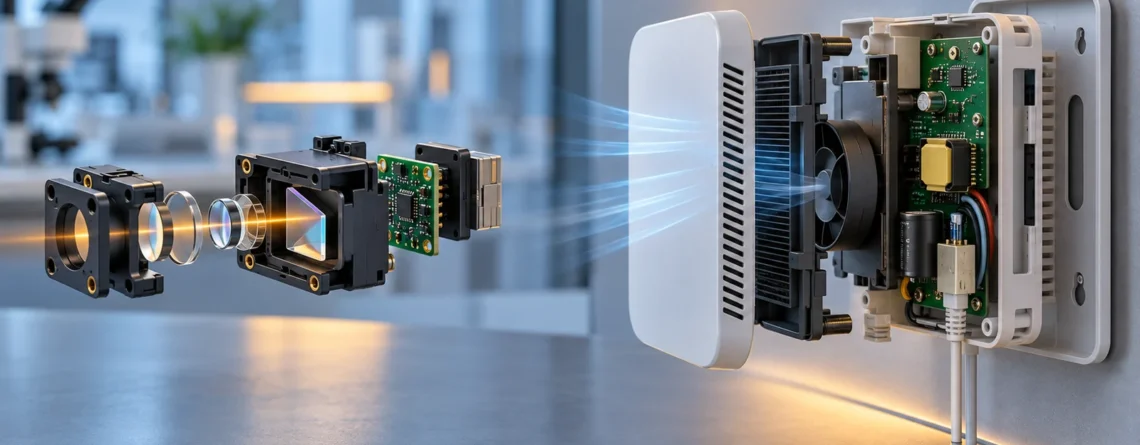 Illustratives CO2-Sensormodul neben einem kompletten Wandmonitor