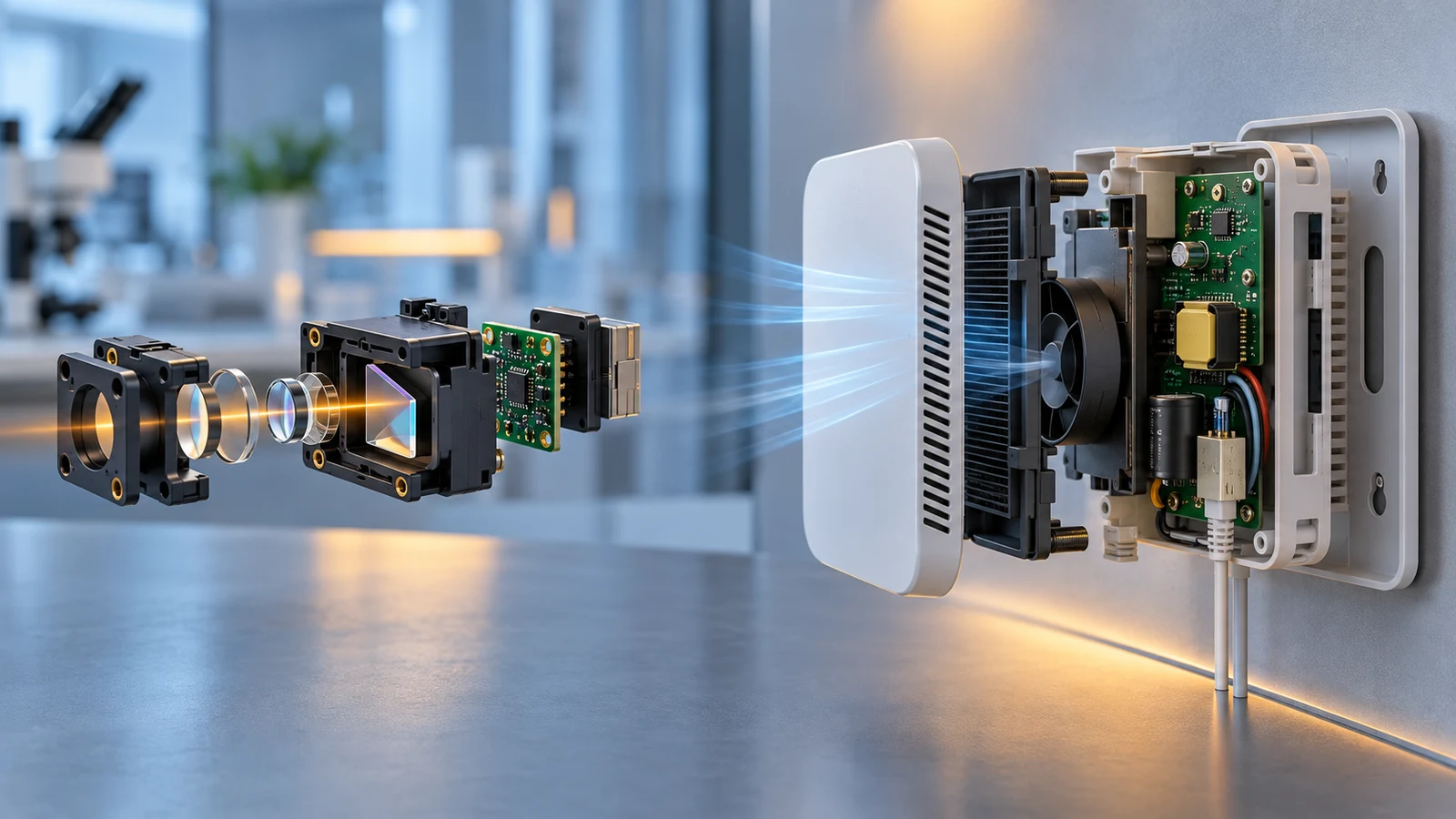Illustrative CO2 sensor module beside a complete wall-mounted monitor