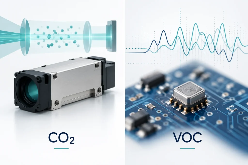 An optical CO2 module and compact VOC sensor illustrated as different measurement channels