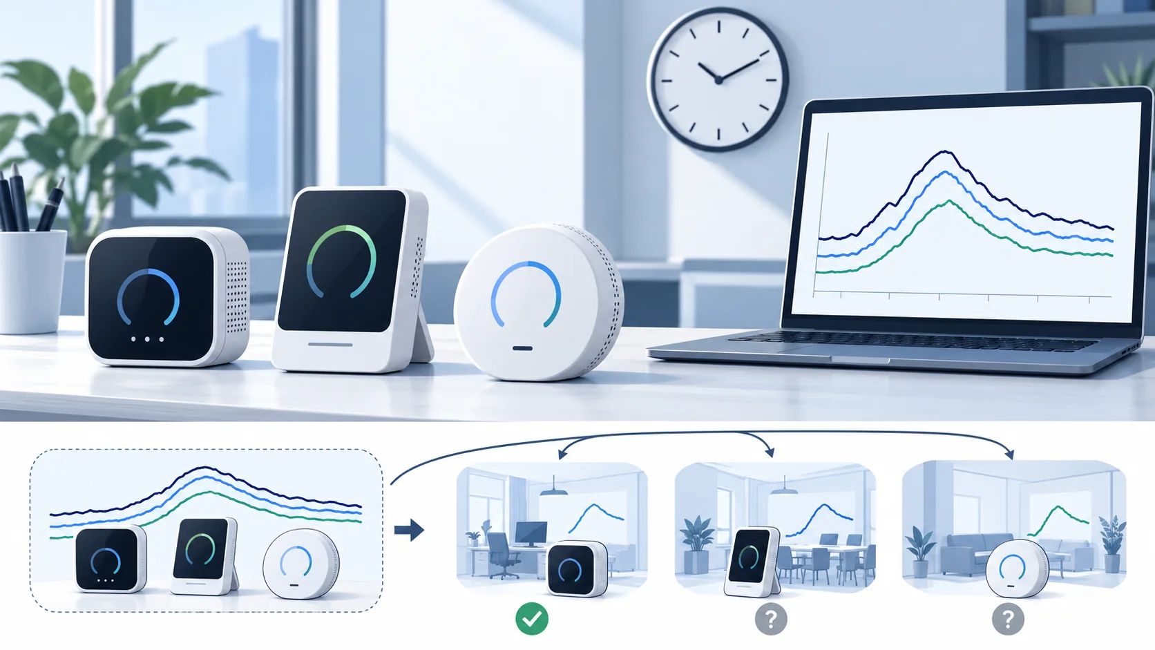 How to Compare CO2 Readings Across Open-Plan Office Zones 3 Conceptual side-by-side CO2 instrument comparison before devices are deployed to office zones