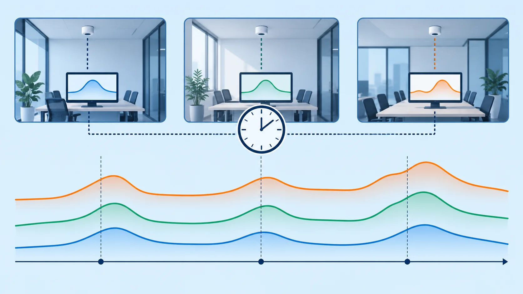 Conceptual synchronized office-zone CO2 timelines with event markers and a missing-data gap