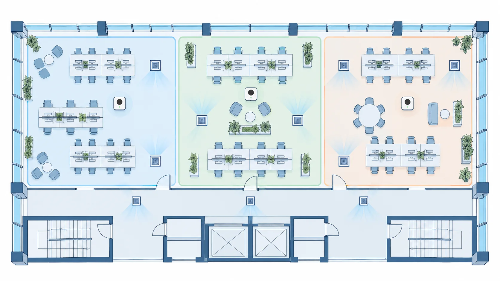 Conceptual plan of office desk clusters, partitions, air supply and representative sensor positions