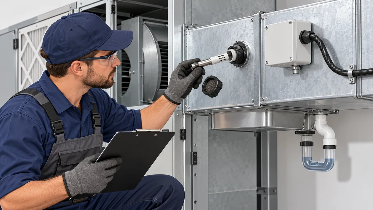 When Does Condensation Mislead an HVAC Sensor? 5 Technician inspecting a duct probe, cable entry and nearby condensate path