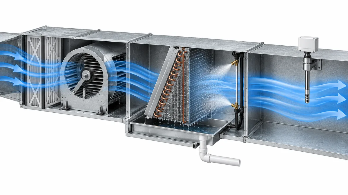 When Does Condensation Mislead an HVAC Sensor? 4 Conceptual duct sensor placement away from coil spray and within the insulated measurement boundary