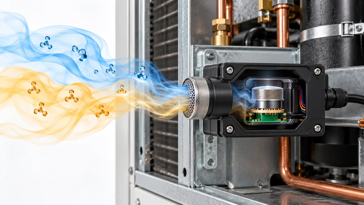 Conceptual refrigerant detector exposed to target gas and unrelated workshop vapors