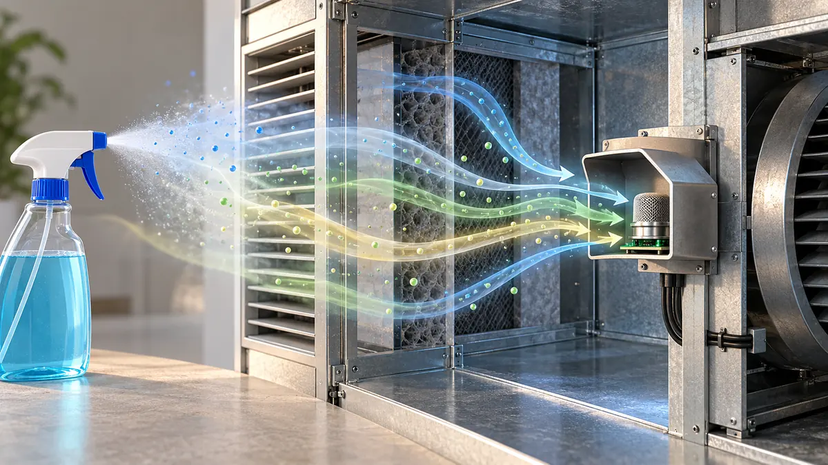Can Another Gas Trigger a Refrigerant Detector? Reading Cross-Sensitivity Claims 3 Conceptual heated semiconductor sensing surface with different vapors and humidity reaching it