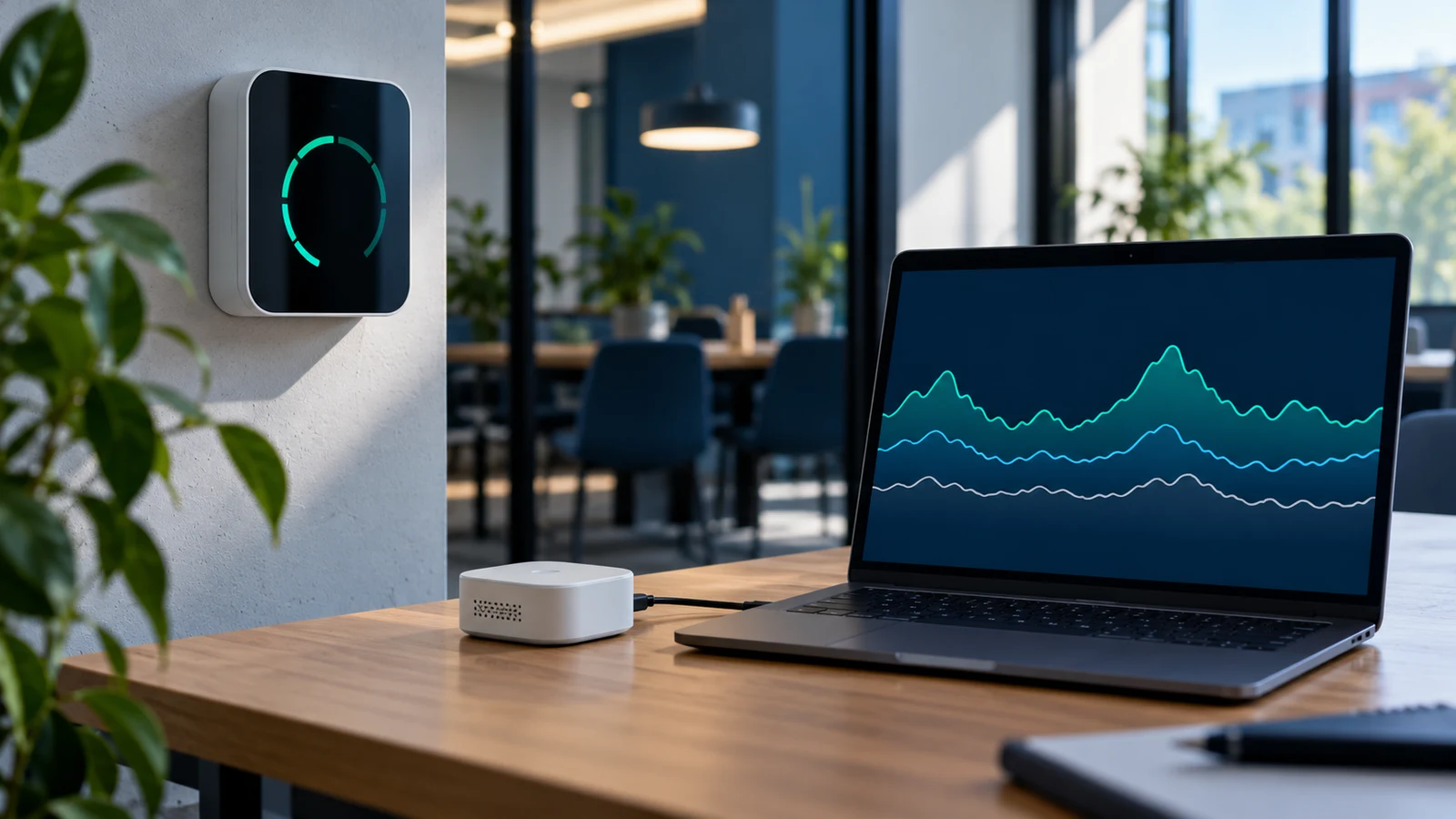 Room CO2 display and a separate data logger with an illustrative trend on a laptop
