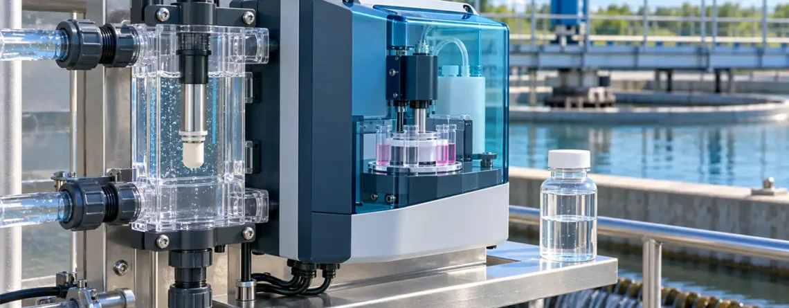 Conceptual water-treatment sampling station with free chlorine probe and DPD analyzer