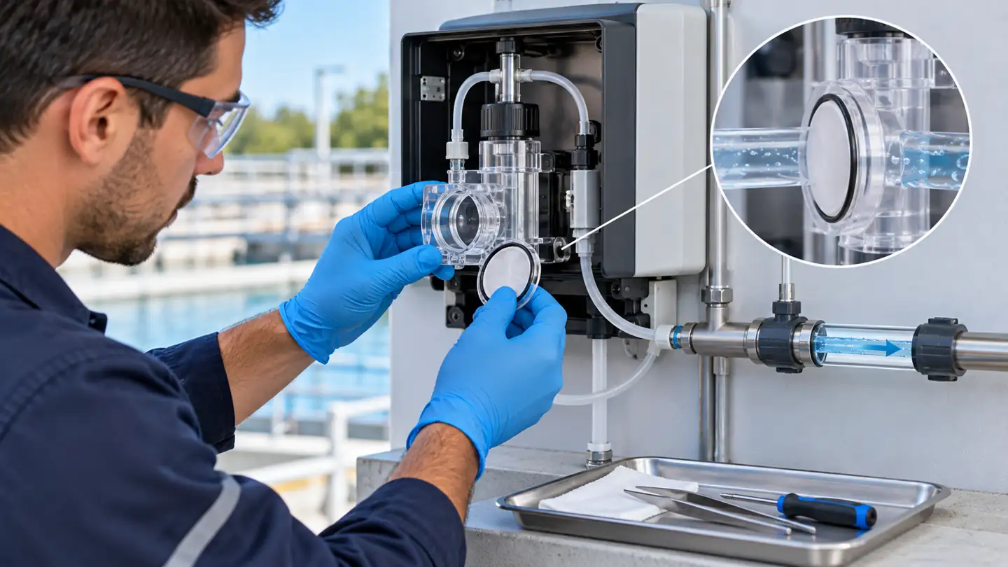 Free Chlorine Sensors in Water: Choosing an Online Measurement That Holds Up 5 Technician inspecting a chlorine flow cell and sample tubing