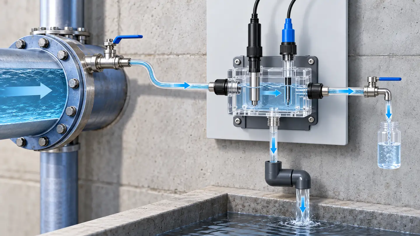 Free Chlorine Sensors in Water: Choosing an Online Measurement That Holds Up 3 Conceptual sample path through online chlorine flow cell and separate grab point