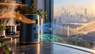 Ana sayfa 25penceresinin yakınındaki kavramsal çok sensörlü iç mekan hava monitörü Conceptual multi-sensor indoor air monitor near a city window