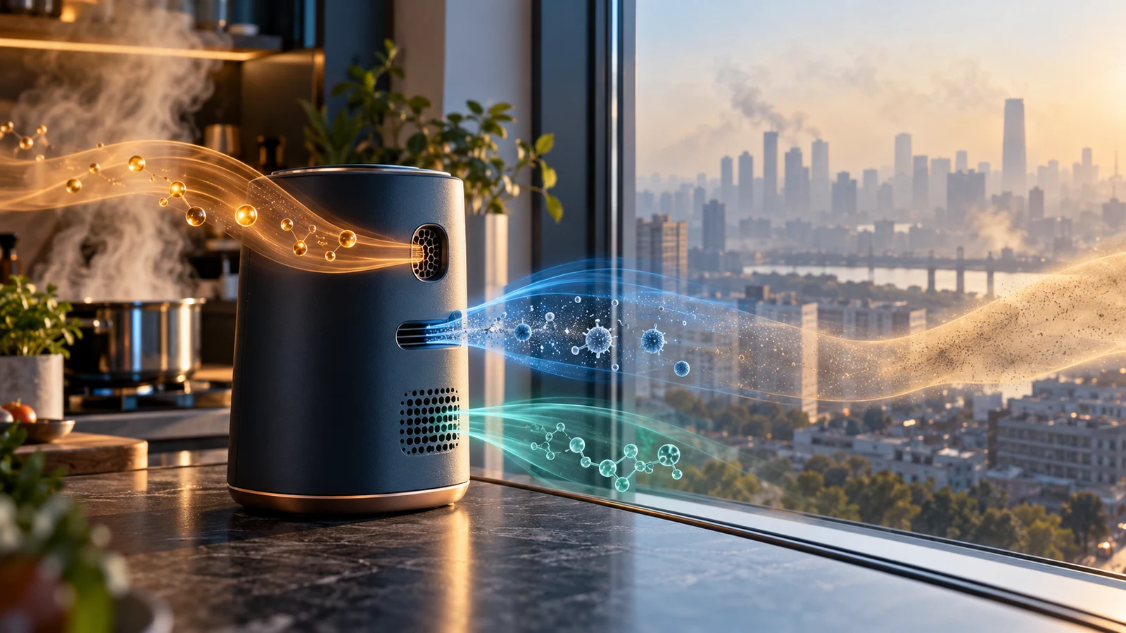 Conceptual multi-sensor indoor air monitor near a city window