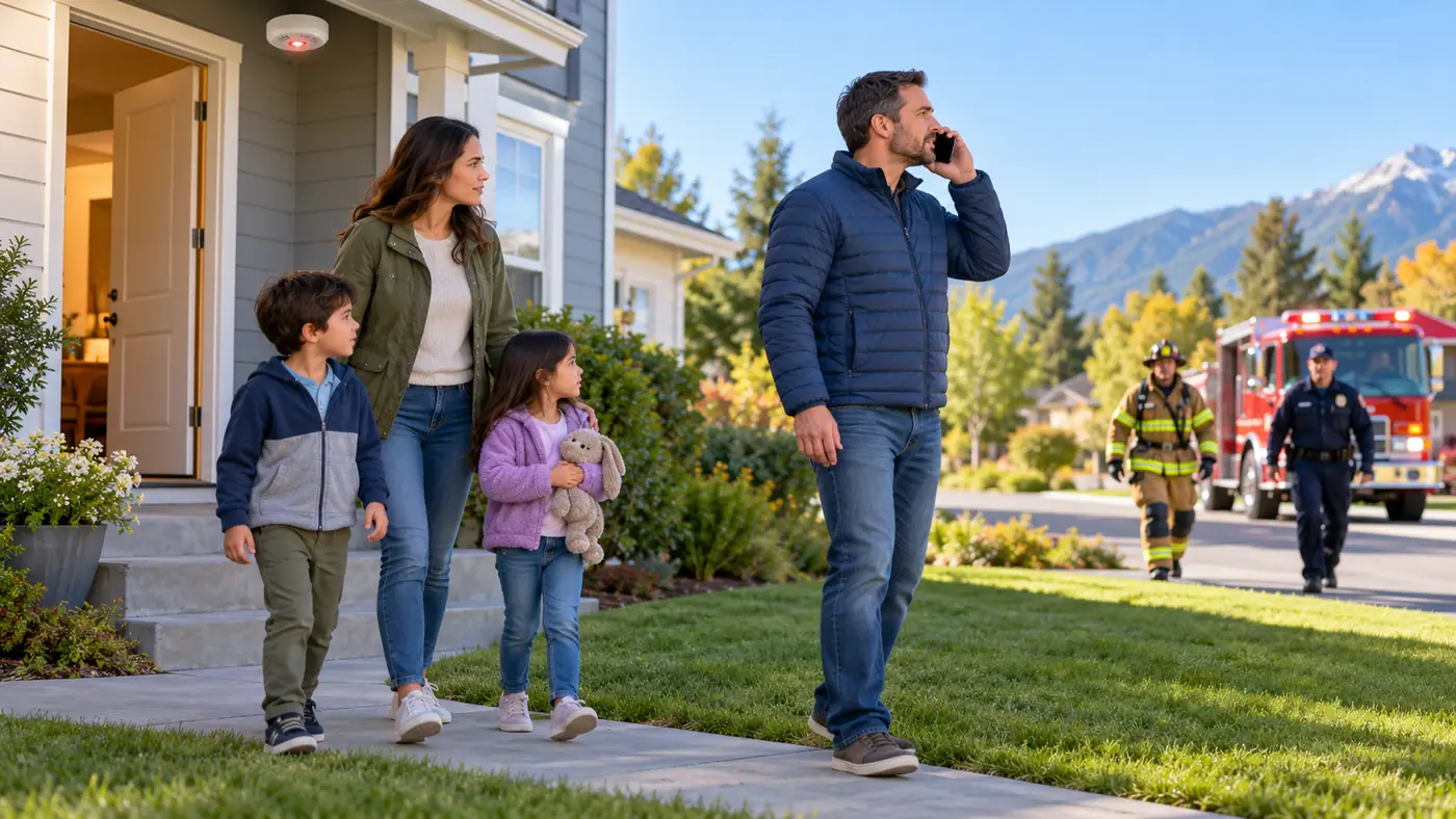 Gas Heater Monitoring at Home: Which Alarm and Sensor Does What? 4 Conceptual household moving outside and contacting emergency services after an alarm