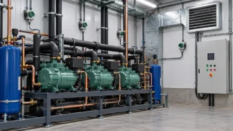 Home 25 Conceptual refrigeration plant room with fixed detector, alarm panel and ventilation equipment