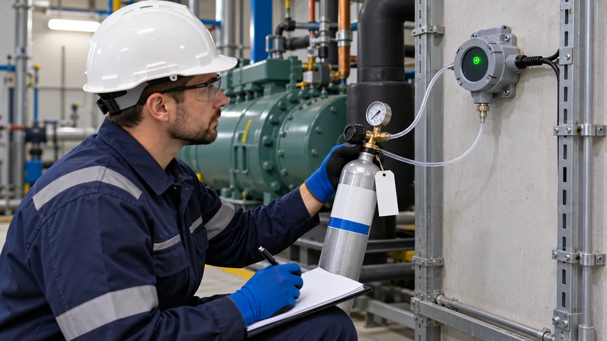 Qualified technician documenting model-specific detector service and controller response