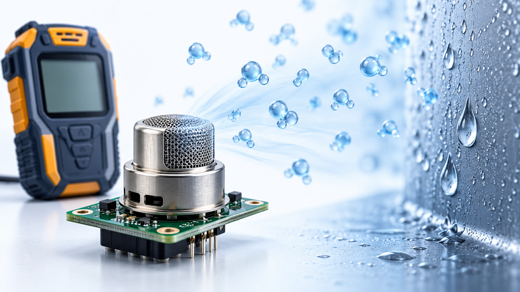 Conceptual illustration of a gas sensor module, handheld detector, water vapor and condensation