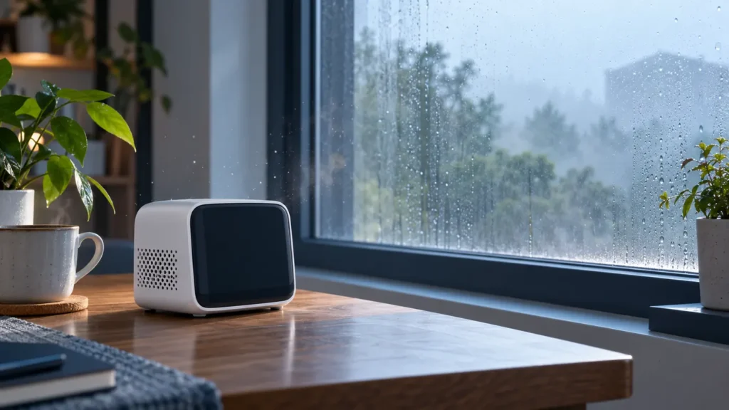 Conceptual indoor particulate monitor beside a humid window