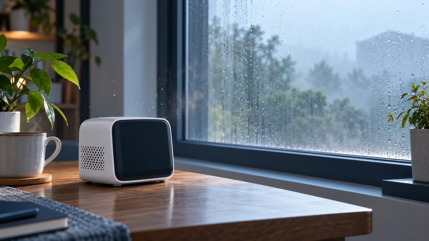 Conceptual indoor particulate monitor beside a humid window